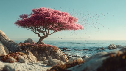 A vibrant pink tree blossoms on a rocky coastal outcrop, its petals carried away by a gentle breeze, as birds fly over a serene ocean under a clear, calm sky