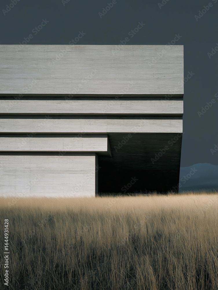 Poster photograph of a modern building with a minimalist design. the building is made of concrete and has a