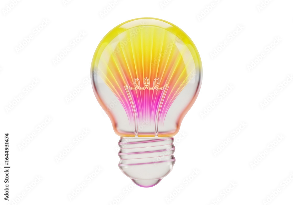Poster glowing lightbulb emitting colorful light rays in transparent design symbolizing idea generation and