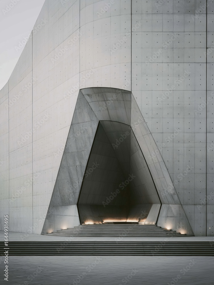 Poster black and white photograph of a modern building with a triangular shape. the building appears to be 