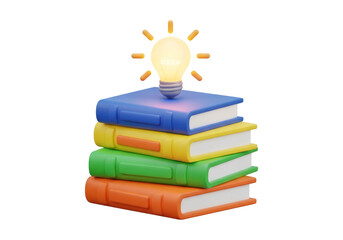 Glowing Lightbulb Above Stack of Blue Yellow Green and Orange Books on Black Background Depicting Knowledge and Education in Three Dimensional Rendering