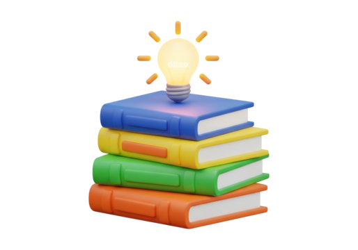 Glowing Lightbulb Above Stack of Blue Yellow Green and Orange Books on Black Background Depicting Knowledge and Education in Three Dimensional Rendering