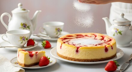 Cheesecake with strawberries and teacups