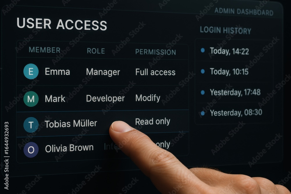 Poster user access management dashboard showing roles, permissions and login history for enterprise admin