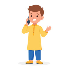 Obraz premium A young boy in a yellow kurta talking on a smartphone, gesturing with his hand.