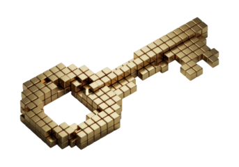 Golden Key Made of Cubes in Isometric View Digital Security on Transparent Background