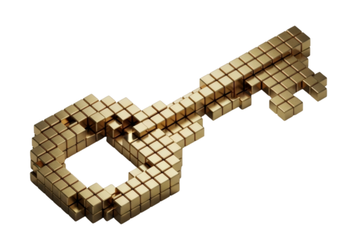 Golden Key Made of Cubes in Isometric View Digital Security on Transparent Background