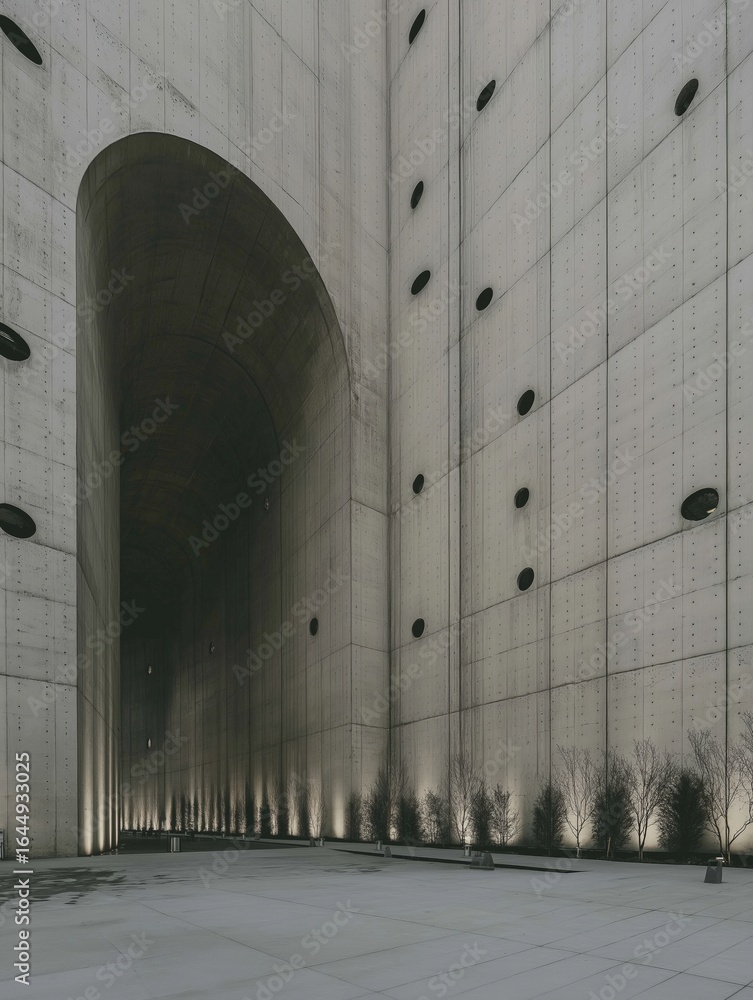 Poster large, modern building with a curved archway in the center. the building appears to be made of concr
