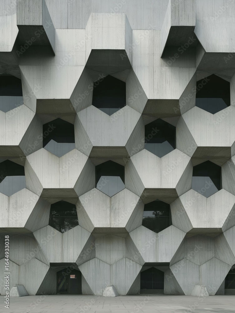 Poster photograph of a modern building with a unique architectural design. the building appears to be made 