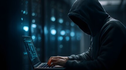 Person working on a laptop in a server room.