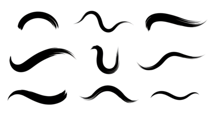 Diverse set of hand-drawn black ink brush strokes with varying textures and organic forms, ideal for artistic and graphic design projects