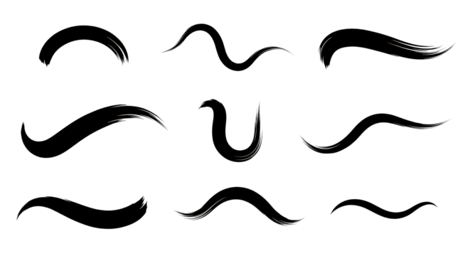 Diverse set of hand-drawn black ink brush strokes with varying textures and organic forms, ideal for artistic and graphic design projects
