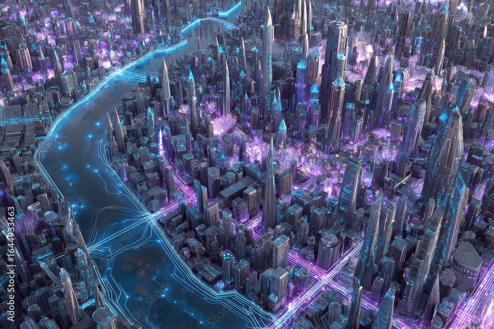 Poster x-default futuristic cityscape with neon lights and circuit board pattern