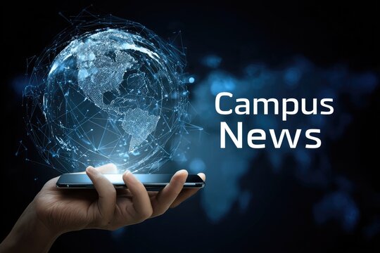 A hand holds a phone displaying a 3D globe with "Campus News" text overlayed.  Abstract network lines surround the globe
