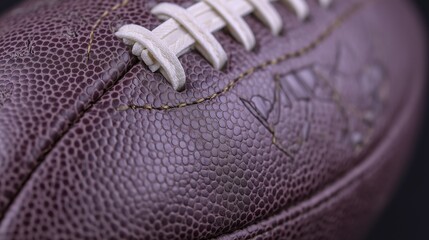 Macro shot of the football surface showing detailed leather grain and stitching