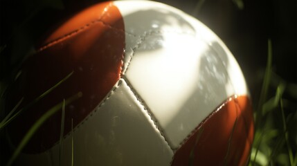 Realistic close-up of a football resting on grass under dramatic sunlight