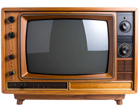 Retro TV: Vintage 1970s Wooden CRT Television with Black Screen, Isolated on White Background. vintage television, retro tv monitor frame, analog screen, old school design. Clipping path.