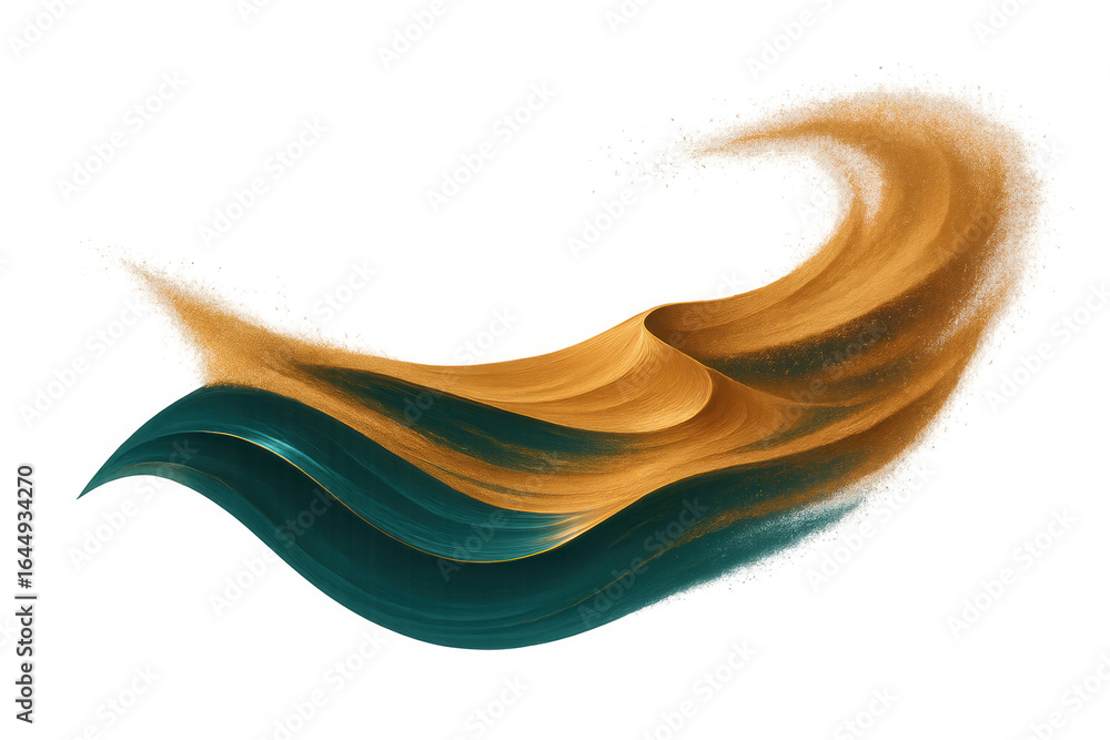 Poster golden sand wave cascading dynamically over turquoise wave, transparent background revealing fluid m