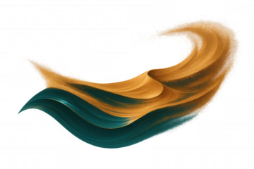 Golden sand wave cascading dynamically over turquoise wave, transparent background revealing fluid motion and vibrant color interaction