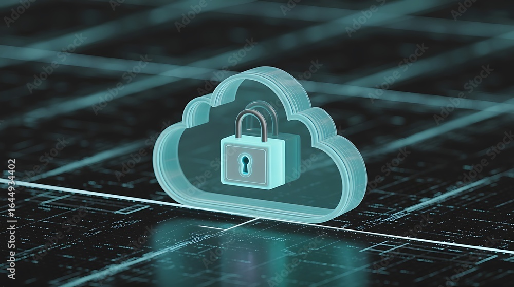 Poster transparent blue cloud icon with padlock on digital circuit board background cloud computing securit
