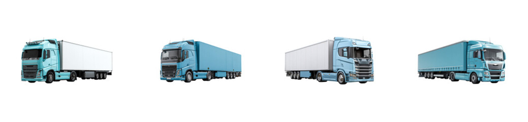Collection of four modern blue semi-trailer trucks with white and blue cargo containers, cut out transparent
