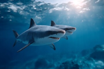 Fototapeta premium Two sharks swimming in clear ocean water under sunlight