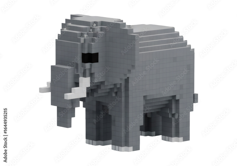 Poster grey elephant constructed of cubes with a black background in a simple style