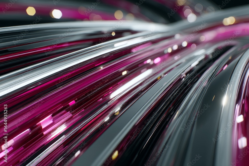 Poster a series of pink and gray lines that are overlapping and curving