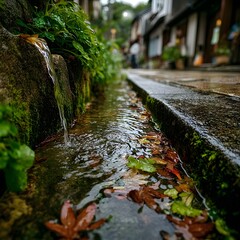 Close-up image of green plants in a small stream in a village.