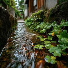 Close-up image of green plants in a small stream in a village.