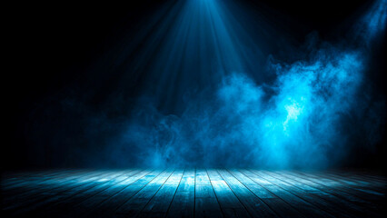Dynamic blue stage lights illuminate smoky atmosphere over wooden floor creating dramatic ambiance