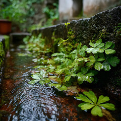Close-up image of green plants in a small stream in a village.
