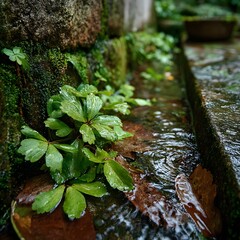 Close-up image of green plants in a small stream in a village.