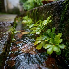 Close-up image of green plants in a small stream in a village.