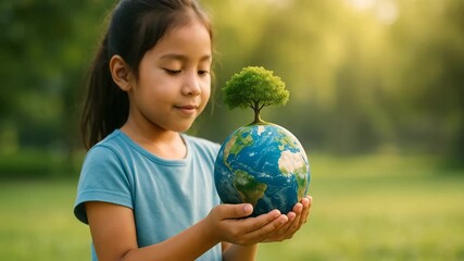 Young Asian girl holding globe with a growing tree, symbolizing care for the planet, sustainability, and empowerment on International Day of the Girl Child - Powered by Adobe