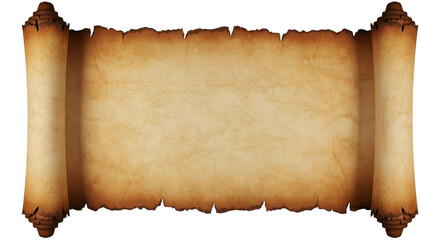 Aged parchment scroll with frayed edges and wooden ends isolated on a transparent background vintage