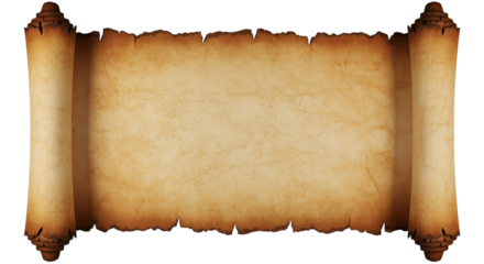 Aged parchment scroll with frayed edges and wooden ends isolated on a transparent background vintage