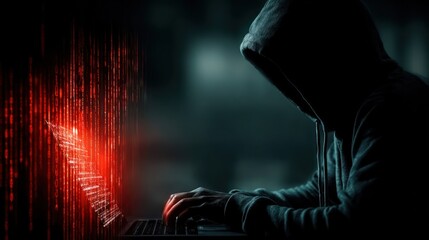 Cybersecurity and digital threat concept with hacker using laptop and binary code in wireframe interface