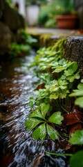 Close-up image of green plants in a small stream in a village.