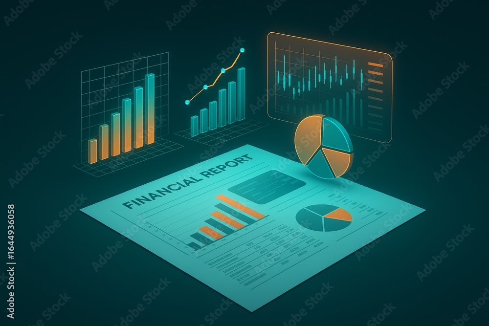 Poster a financial report is displayed on a computer screen