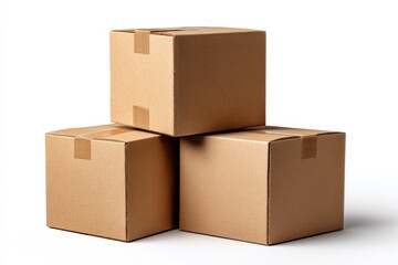 Stack of three brown cardboard boxes on white background