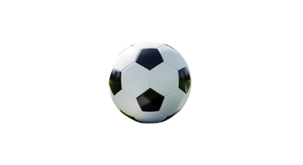 Classic black and white soccer ball with pentagonal and hexagonal panels on a dark background isolated on a transparent background