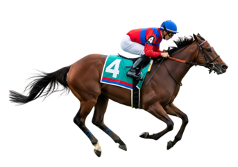 Brown racehorse with jockey wearing blue helmet and red blue silks galloping with number 4 isolated on a transparent background