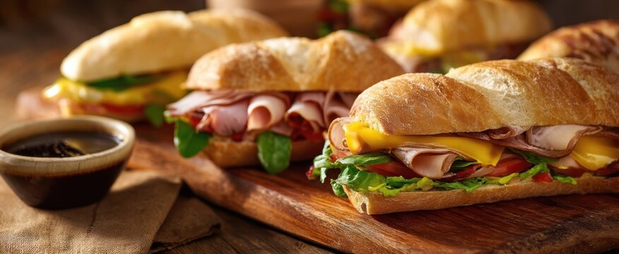 The mouthwatering selection of gourmet sandwiches on a wooden platter.