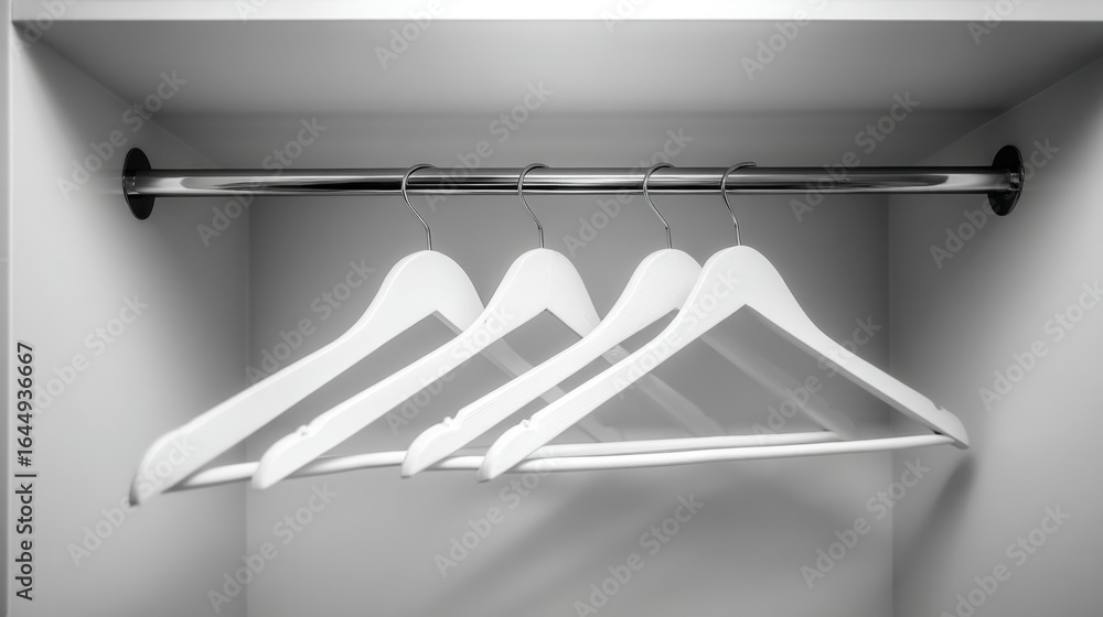 Poster modern empty white closet with few hangers displayed neatly