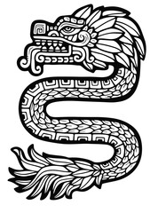Fototapeta premium Vector illustration of Quetzalcoatl, the Aztec feathered serpent god. Black and white mythological symbol for a tribal tattoo or modern logo design.