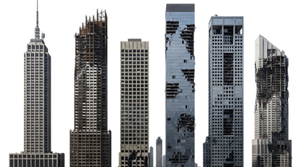 Collection of damaged and intact skyscrapers with varied architectural styles isolated on a transparent background