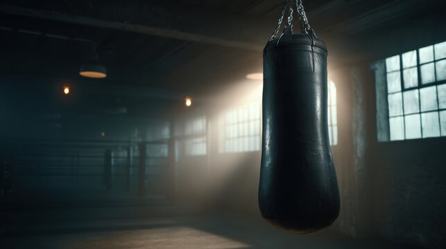 Moody Dimly Lit Boxing Speed Bag Swinging in a Boxing Gym