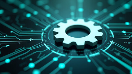 Futuristic Technological Gear Background with Glowing Turquoise Circuit Network