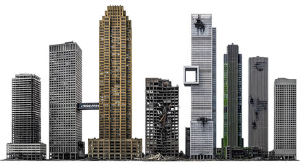 Fototapeta premium Collection of diverse skyscrapers some intact some damaged with a connecting bridge isolated on a transparent background